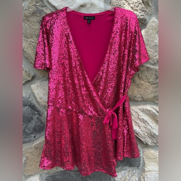 Lane Bryant Pink Full Sequin Blouse Sz 14/16 (XL) Faux Wrap Party Date Night - Picture 1 of 6
